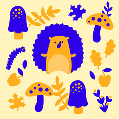 Autumn collection with cute hedgehog, mushrooms, leaves, apples. Vector cartoon illustration for design, decor and decoration