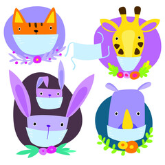Set of cute animals in masks. Vector illustration with cat, giraffe, rabbits and hippo