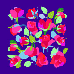 Red roses on the dark background. Vector doodle illustration with flowers. Floral print for postcard, poster, invitation, greeting