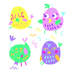 Cute birds set. Fun baby chicken runs, sits, pecks worms, surprised. Vector doodle illustration for design, décor