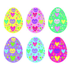 Set of painted Easter eggs. Bright colored eggs for decoration, design, background. Vector doodle illustration