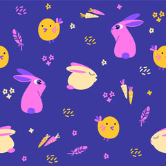 Fototapeta na wymiar Seamless vector pattern with rabbits and birds on a purple background. Cartoon illustration for fabric, wrapping paper, wallpaper