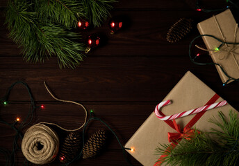 Creative concept christmas background with presents pine and decorations.