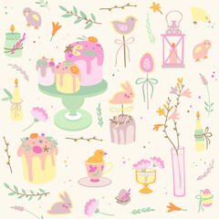 Seamless vector pattern with Easter cake, chickens, flowers, plants, vases with flowers and branches, Easter decorations, spring candles, eggs. Easter print for fabric, wallpaper, background