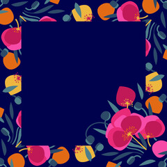 Floral square frame for photo, text. Vector template for greeting card, invitation. Red poppies on a dark background