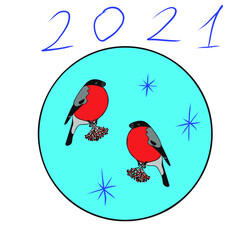 Christmas ball with two bullfinches sitting on twigs with red berries and snowflakes on a blue background and the inscription 