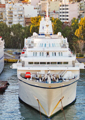 Classic cruiseships or cruise ship liners line up in port of Piraeus, Athens in Greece during...