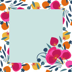Floral square frame. Vector template for greeting card, invitation. Red poppies on a white background with gray space for photo, text