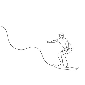 recommend clip art: Single continuous one line art surfer vacation sea wave. Active sport summer holiday tropical luxury journey surfboard concept design sketch surfing outline drawing vector illustration.