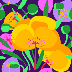 Big yellow poppies. Vector seamless pattern for background, fabric, cover. Floral print