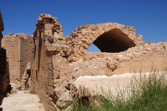 Necm Castle is located on the bank of the Euphrates River. The castle was built in the 100th year before Christ. Historical building ruins near the castle. Manbij, Syria.