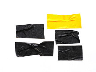 yellow, black tapes isolated on white background. Torn horizontal and different size sticky tape, adhesive pieces. can use business-paperwork-banner products