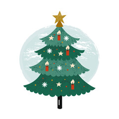 Christmas tree with decoration, star, candles. New year decor. Winter holiday. Greeting card design. Vector flat illustration with texture.