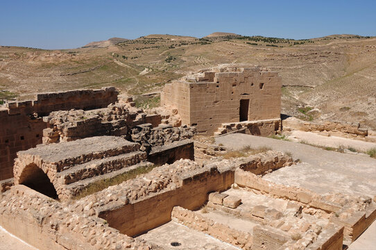 Necm Castle is located on the bank of the Euphrates River. The castle was built in the 100th year before Christ. Historical building ruins near the castle. Manbij, Syria.
