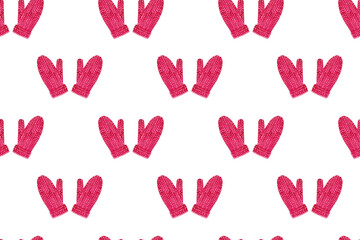 Seamless pattern with red knitted mittens. Hand painted watercolor illustration on white background