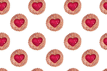 Seamless pattern with biscuits and heart shaped jam. Hand painted watercolor illustration on white background