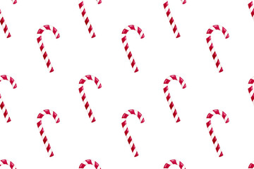 Seamless Christmas pattern with candy cane with white and red stripes. Hand painted watercolor illustration on white background