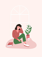 Fototapeta na wymiar Vector illustration of a girl with a book, coffee and a flowerpot sitting on a windowsill. Modern illustration in trendy colors. The happy girl. Сoziness.