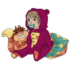 A small child with a pacifier in his mouth sits on a pillow with a toy. Cheshire cat toy. Children's illustration.