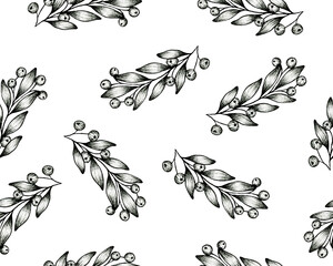 Berry branches seamless background, hand drawn ink illustration with berry branch, Christmas berry decoration for cards, background, fabric or wrapping