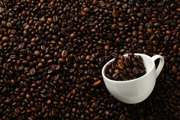 White cup on coffee beans background, space for text