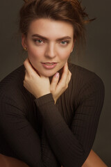 Fototapeta premium Beauty Portrait. Beautiful Spa Woman Touching Face