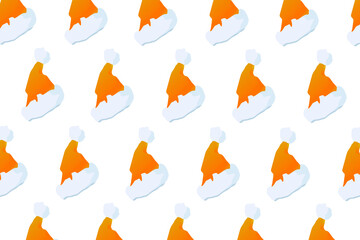 Pattern Cartoon gold Santa hat isolated on blue transparent background. Concept Happy New Year. Flat vector illustration decoration. Santa claus hat colllection, holiday cap to xmas