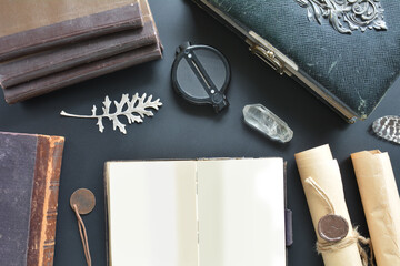 Retro composition on desk with traveler items