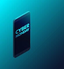 Cyber Monday isometry banner. Realistic isometric black smartphone isolated on dark background. Vector illustration