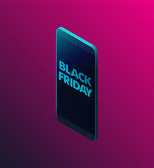 Black Friday Sale vector illustration on purple background. Design elements for promotional marketing banners, posters, cards. Phone on mega sales day. Alert on smartphone screen