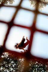 view through the net of woman jumping on trampoline