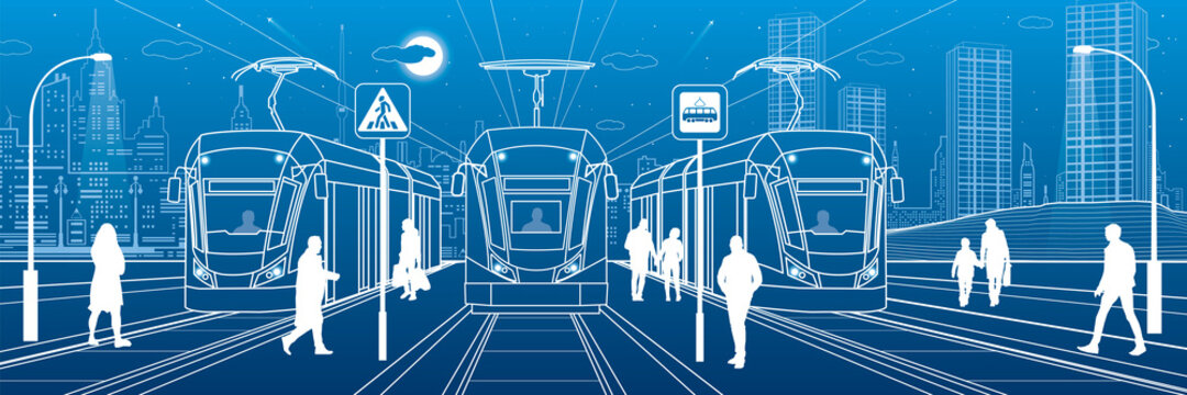 Electric transport illustration. City scene, people walk down the street, passengers leave tram, night city, Illuminated highway. Outline vector infrastructure image