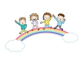 虹のアーチの上を元気に行進する子どもたち