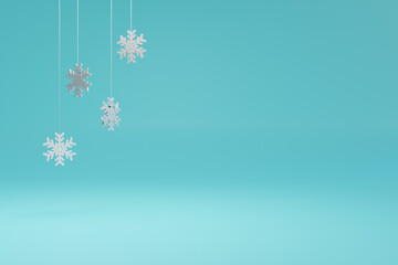 Snowflake ornaments on blue background with copy space. 3d render illustration. Minimal Merry Christmas and happy new year concept.