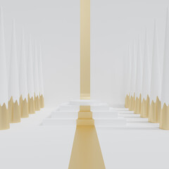 Luxury white Stage for present product with golden carpet on white background. 3d render illustration. Merry Christmas and Happy new year concept.