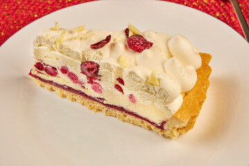 a piece of white cake with cherry close up