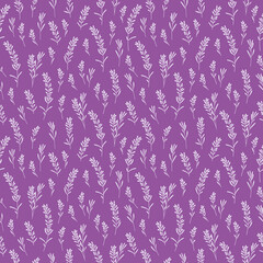 Cute floral seamless pattern with brushes of lavender flowers for textile, wallpapers, gift wrap, covers and scrapbook. Dark purple background. Vector.