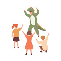 Performance for children with actor wearing cute dinosaur costume. Group of kids playing with animator. Flat vector cartoon illustration isolated on white background