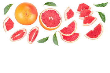 Grapefruit and slices isolated on white background. Top view. Flat lay. With clipping path and full depth of field