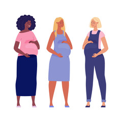 Set of beautiful pregnant women hugging their big bellies. Illustration. Vector in a flat cartoon style.