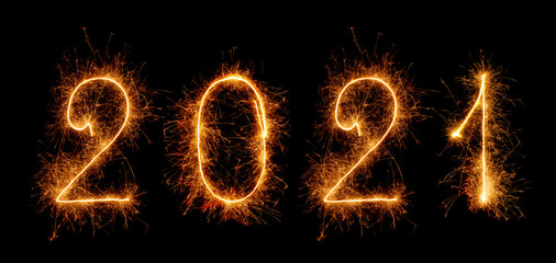 Sparkling lettering 2021 with sparklers isolated on black background