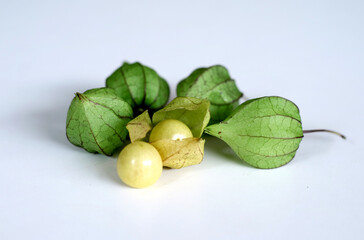 Physalis angulata fruit or golden berry, in Indonesia called ciplukan, on white background.
