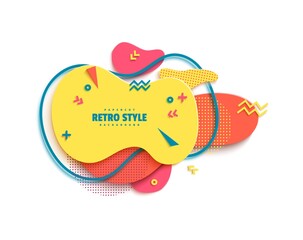 Pattern of liquid geometric shapes in cut paper style. Creative flyer Memphis 80s 90s retro element layered bubbles cut out of cardboard. Modern vector banner template with liquid color wavy splash.