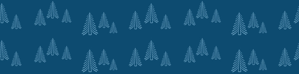 Obraz premium Timberland seamless horizontal border. Banner with fir trees on dark blue background. Vector illustration.