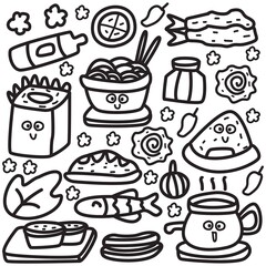 kawaii doodle japanese food cartoon designs  for coloring, backgrounds, stickers, logos, icons and more