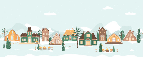 Winter panoramic scene with suburban houses village. Street decorated with garlands with light bulbs. Cozy home and lounge chair around fireplace outdoor. Banner, seamless pattern vector illustration