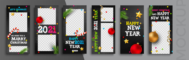 Editable Christmas and New Year stories vector template for social media. Instagram	
