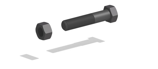 Hexagonal threaded screw bolt and hex nut. shadow .3D rendering.