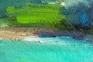 Abstract multi-colored background with oil paint . Hand-made textured background for signage and banners. A mix of turquoise, green, blue, and sand colors on the canvas. Summer artistic background.