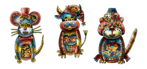 Cute Christmas animals are hand drawn. Set of ox, rat, tiger in the style of steampunk. Watercolor illustration of Metal bull, mouse and tiger, symbols of the Eastern horoscope. Chinese new year 2021.